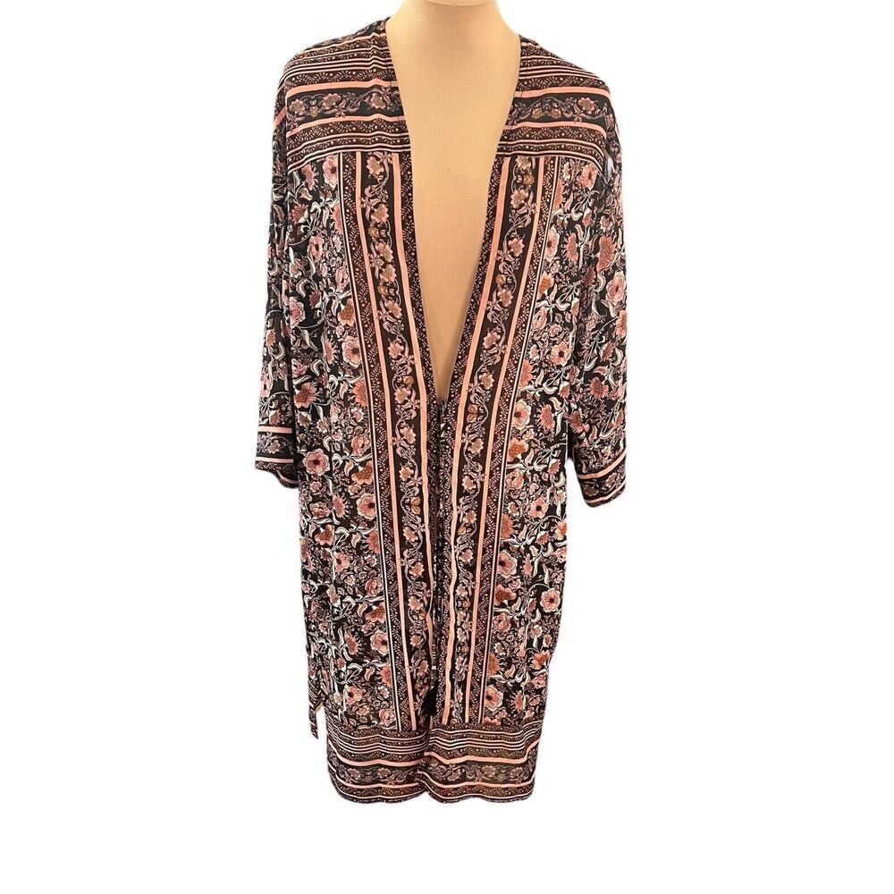 Womens SZ S Boho Flowy Long Duster Cardigan Kimono Floral Artsy Cottagecore 70s